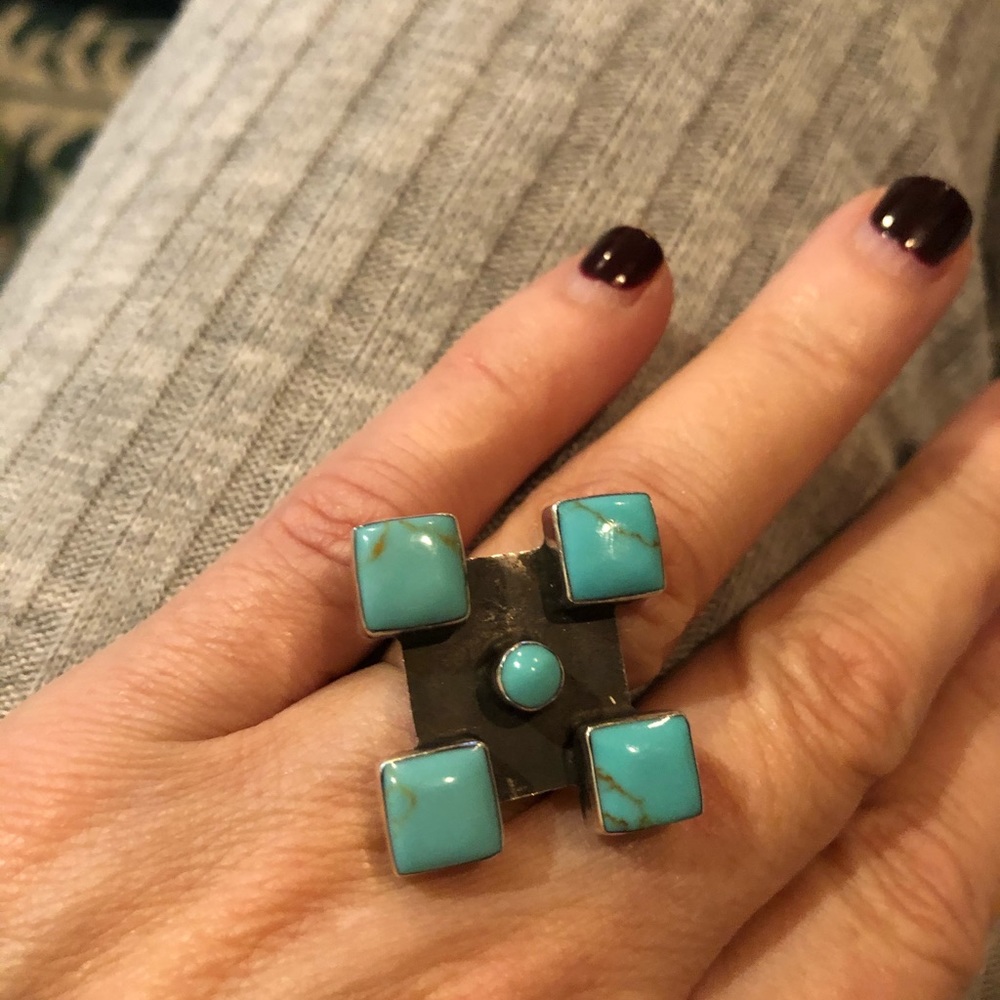 Unique adjustable turquoise and silver ring - Picture 1 of 6